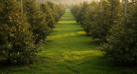 Obraz premium A durian plantation with rows of durian trees stretching into the distance.