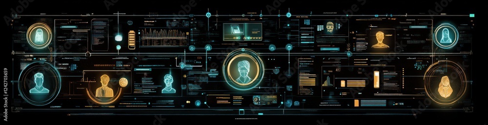 Poster futuristic digital interface showing network connections, data streams, and user profiles.