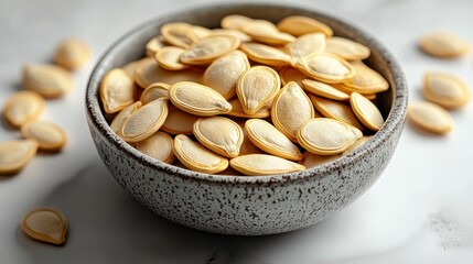 Roasted pumpkin seeds bowl, marble background, healthy snack, food photography