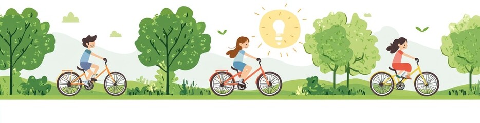 Naklejka premium Happy children cycling in a park on a sunny day.