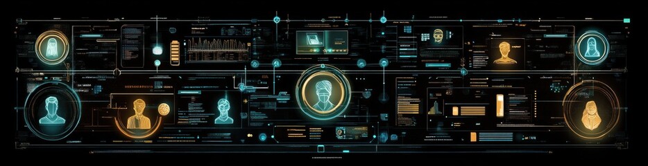 Obraz premium Futuristic digital interface showing network connections, data streams, and user profiles.