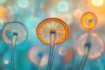 Microscopic fungi display vibrant colors and intricate structures under a light microscope.