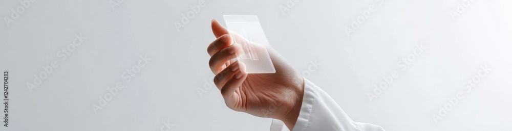 Poster hand holding a translucent, rectangular object against a white background.