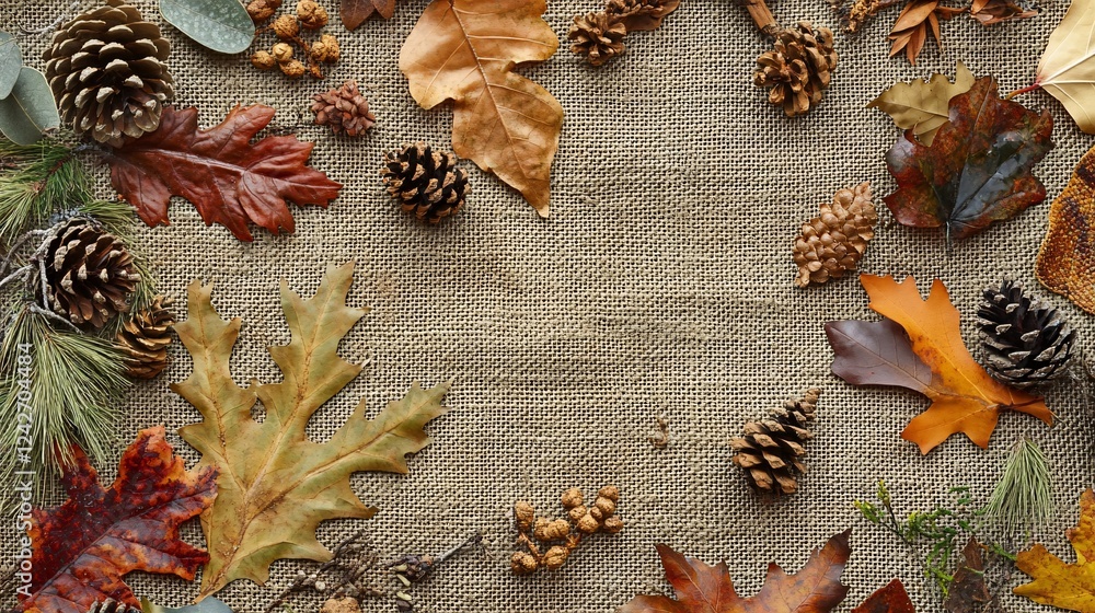 Poster colorful fall leaves and pine cones bordering a blank space on a burlap background