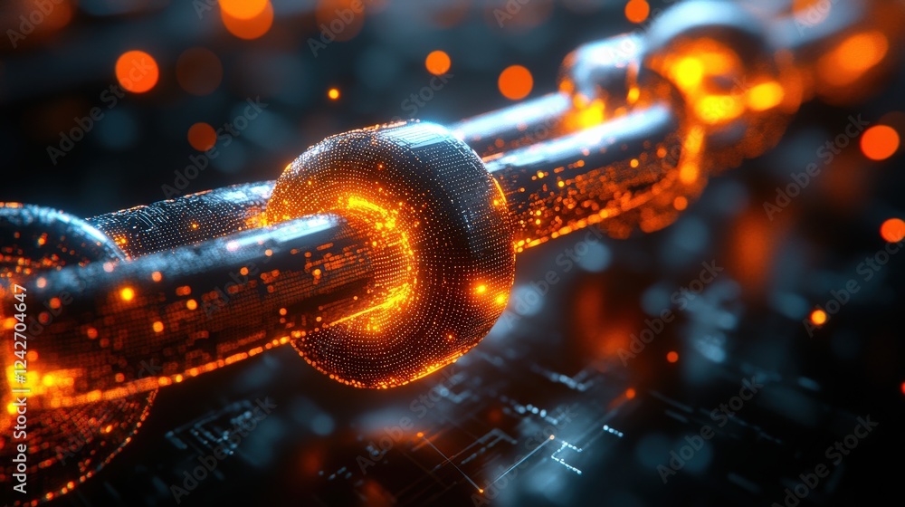 Poster futuristic glowing chain links interconnected with digital circuitry and abstract glowing particles