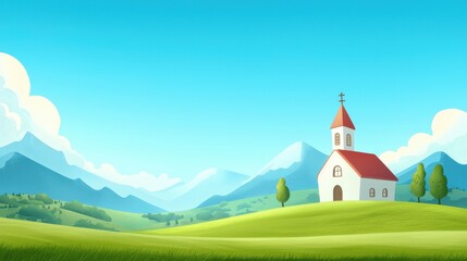 Fototapeta premium Serene Landscape with Church and Mountains in Background