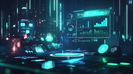 Naklejka premium Futuristic digital interface with glowing data visualizations and graphs on a dark background.