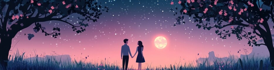 Fototapeta premium Couple holding hands under a starry night sky and full moon.