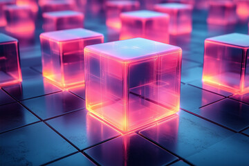 Illuminated transparent cubes with vibrant pink and blue glow on reflective surface and copy space
