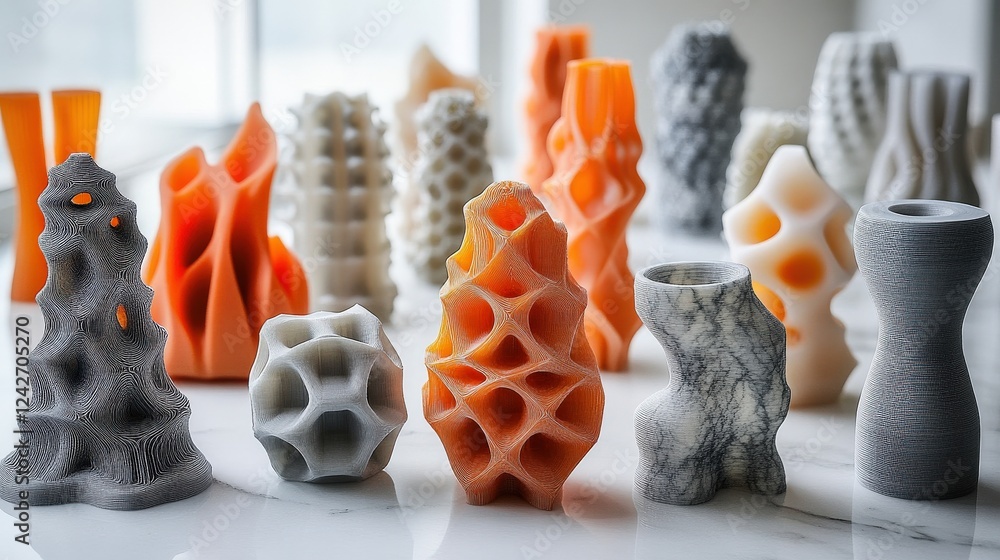 Aufkleber collection of unique 3d-printed vases in various shapes and colors on a bright table