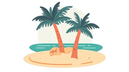 Fototapeta premium Two palm trees on a small sandy island with ocean in background.