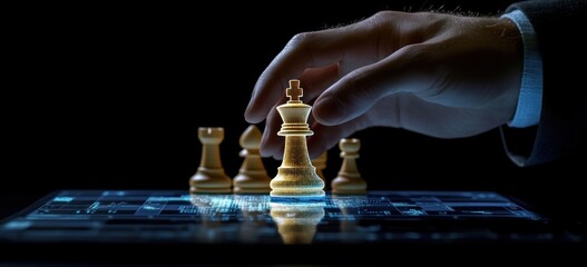 Hand moving king chess piece on digital board.