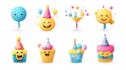 Fototapeta premium Cartoon characters with party hats, confetti, balloons, and cake are celebrating a birthday