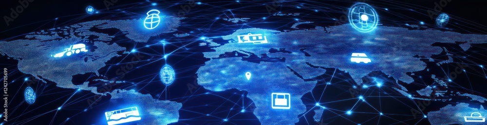 Wall mural global network connection, digital world map with glowing icons representing data transfer and commu