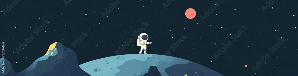 Poster astronaut standing on a planet, exploring space with stars and a red planet in the background.