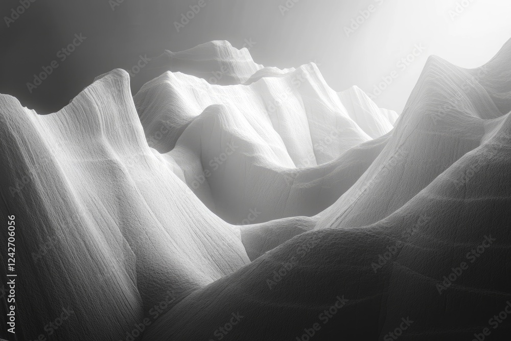 Poster abstract grayscale rendering of mountainous terrain, illuminated by soft light, creating a serene an