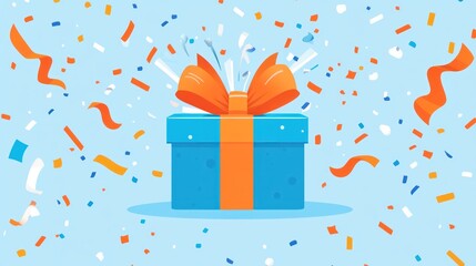 Blue gift box with orange ribbon exploding with confetti.