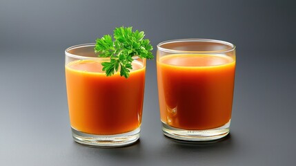 Two Glasses of Fresh Carrot Juice with Parsley Garnish on Dark Background