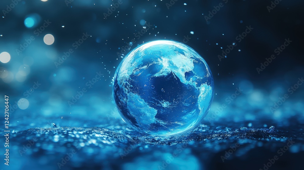 Poster global representation of earth with water reflection and shimmering lights in a dreamy environment c