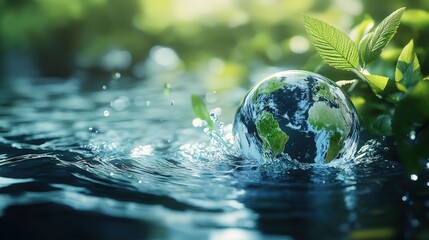 Beautiful earth ball in clear water surrounded by lush green leaves, symbolizing environmental awareness and global sustainability, perfect for nature themes.