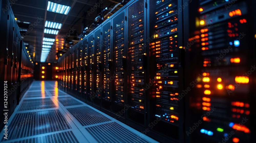Poster a dimly lit data center filled with rows of servers, showcasing vibrant led indicators in operation