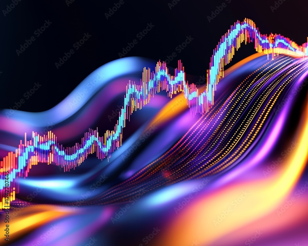 Poster a sleek and luminous representation of stock market data, showcasing flowing graphs, precise data po