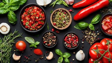A vibrant arrangement of fresh vegetables, herbs, and spices for culinary use.