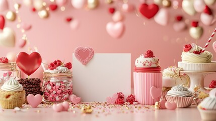 Valentine mockup card and heart background minimal. Valentine Celebration Cupcakes with Pink Hearts and Festive Decorations Romantic Atmosphere Design.