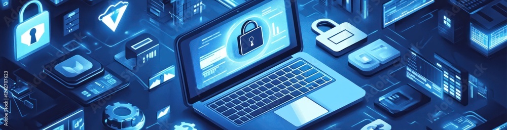 Aufkleber cyber security concept laptop with digital lock on screen surrounded by data icons.