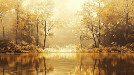 Obraz premium Golden autumn landscape reflecting on tranquil lake in serene forest setting during early morning hours