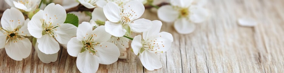 Delicate white blossoms on rustic wood background.