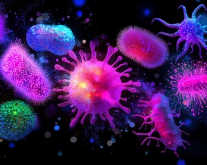 An artistic depiction of diverse microorganisms under a microscope, glowing with radiant colors and unique patterns.