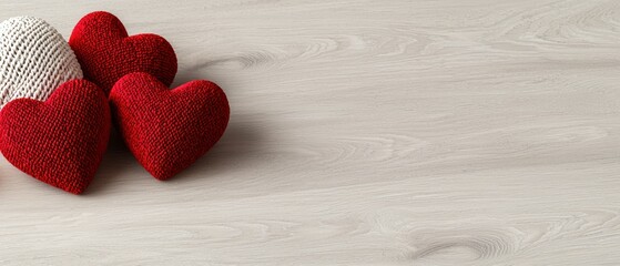 Fototapeta premium Three decorative hearts on a light wooden surface, symbolizing love and affection.