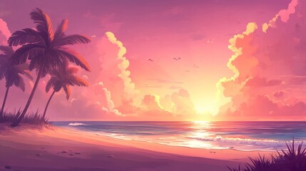 Vibrant sunset over a tropical beach with palm trees, ocean waves, and pink clouds.