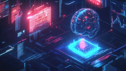 Abstract digital brain on a circuit board, surrounded by glowing data streams and interfaces.
