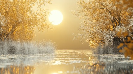 Golden sunlight reflects on calm water surrounded by autumn trees and grasses