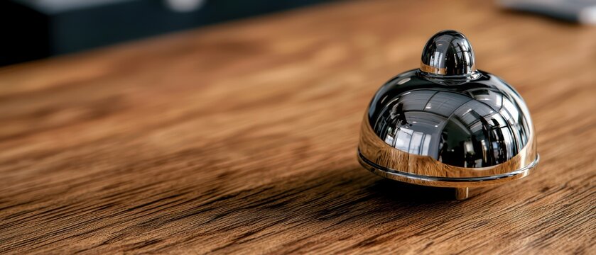 A shiny service bell on a wooden surface, often used in hospitality settings.