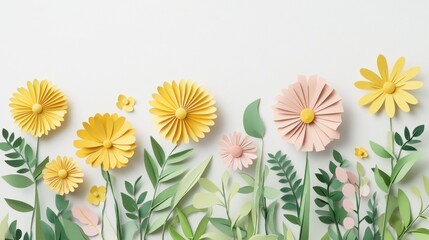 Colorful paper flowers and leaves arranged on white background. (1)