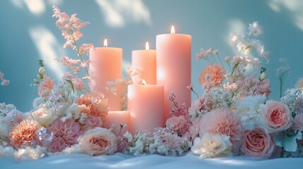 Soft pink candles surrounded by delicate flowers on a serene tabletop, creating a peaceful ambiance