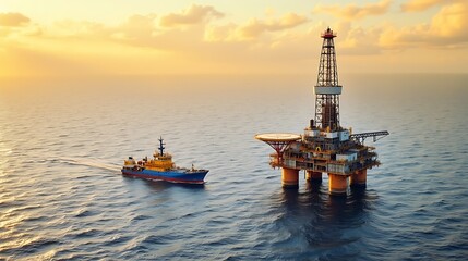 Obraz premium Oil Rig and Support Vessel at Sunset on the Open Ocean