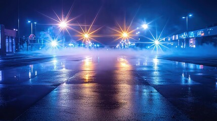 Night City Street Reflections in Blue and Purple