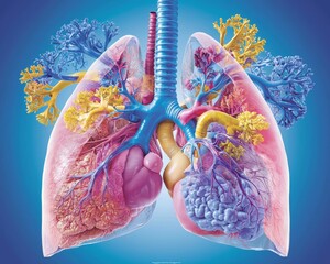 Medical-grade cross-sectional image of the chest cavity displaying the heart, lungs, trachea, and diaphragmatic structure.