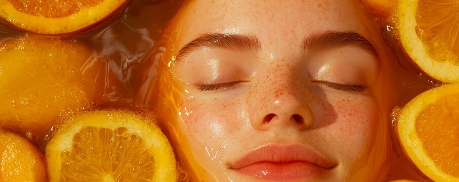 In a scene brimming with vibrant fruits and serene calm, a woman's radiant complexion becomes a testament to the revitalizing effects of nature's purest ingredients.
