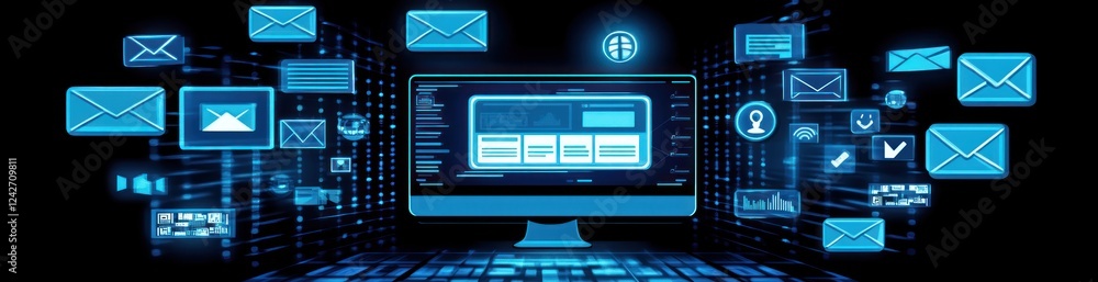Aufkleber digital marketing concept showing emails, website, and data flow on a computer screen.