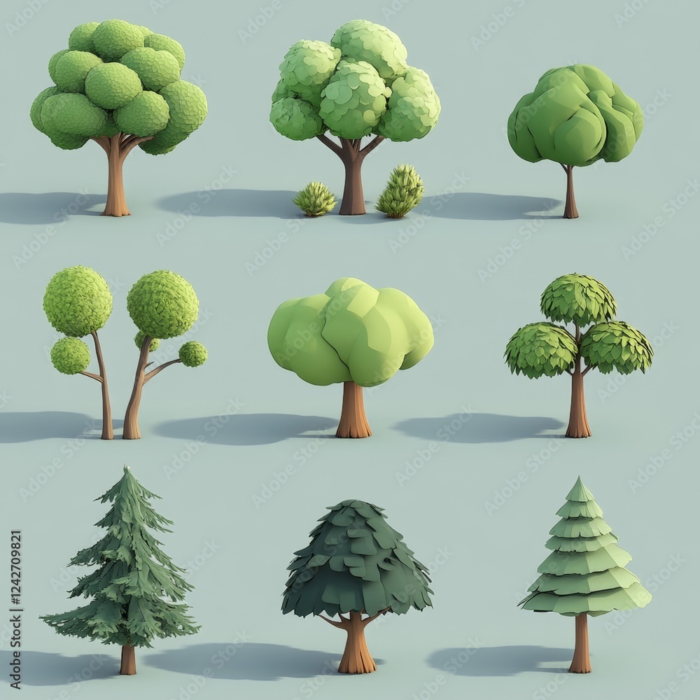 Aufkleber collection of colorful 3d trees for nature and environment concepts
