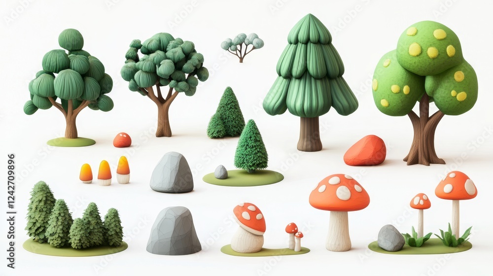 Poster Colorful 3D Render of Various Trees and Fungi on White Background