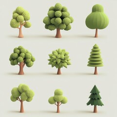 Various Cartoon Style Trees in Different Shapes and Sizes
