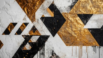 Colorful geometric mural with black, gold, and white patterns in urban art setting
