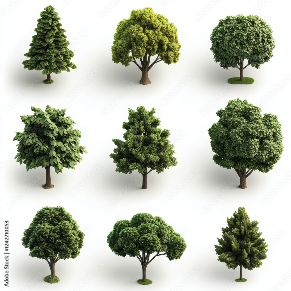 Poster various green trees showcase with different shapes and textures