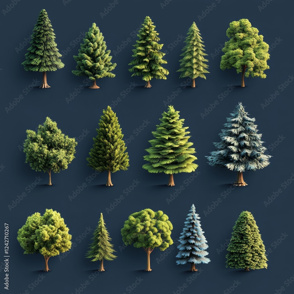 Poster Collection of Various Trees on Dark Background for Design Use